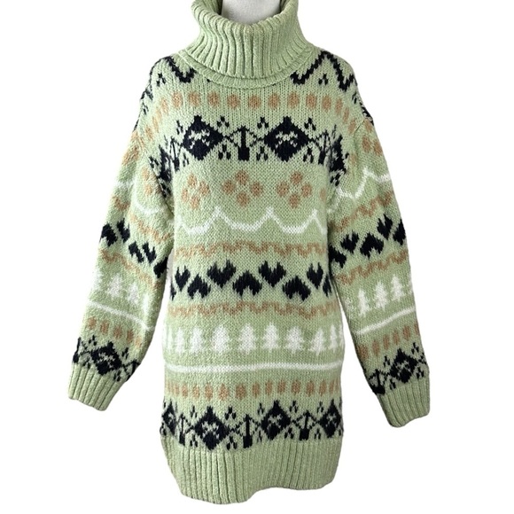 Anthropologie Fair Isle Chunky Knit Turtleneck Sweater XS Mint Green Christmas - Picture 1 of 15